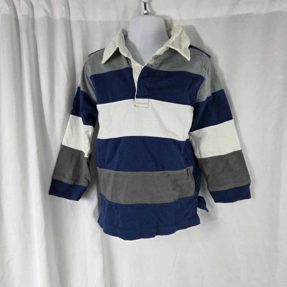Gymboree Shirt Kids 3T Blue Gray White Striped Rugby Polo Long Sleeve Top